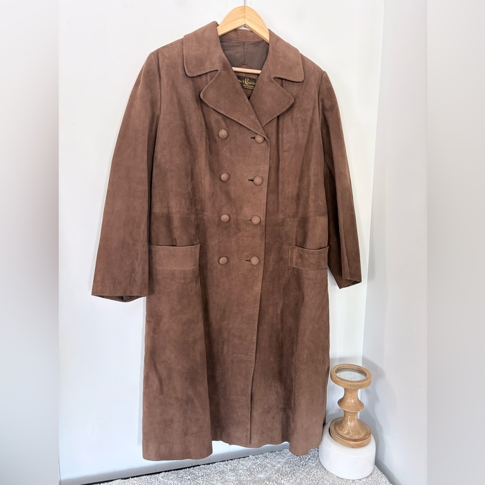 Vintage HERRERO Y RODERO Suede Leather Long Coat Button Sz L 60s 70s Barcelona